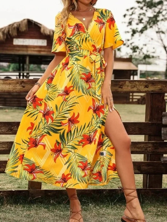 Elegant Curve V-Neck Belted Dress