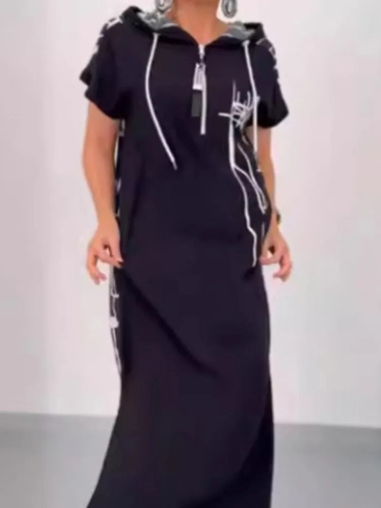 Hooded Maxi Dress with Spliced Print