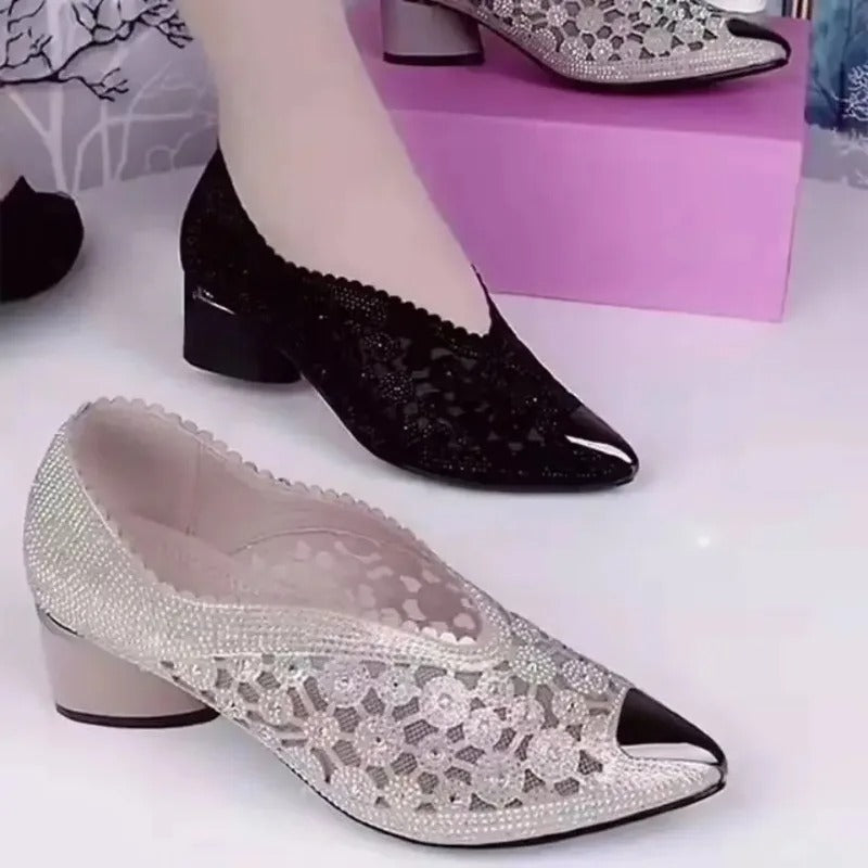 Black Bow Mesh Diamond Heels