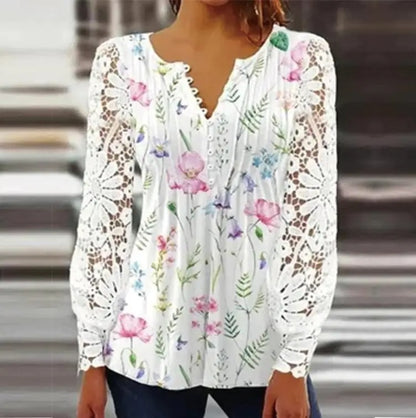 Sexy Lace V-Neck Pleated Blouse