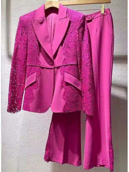High Street Designer Lace Blazer & Flare Pants Set
