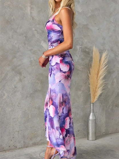One-Shoulder Floral Ruffle Maxi Dress