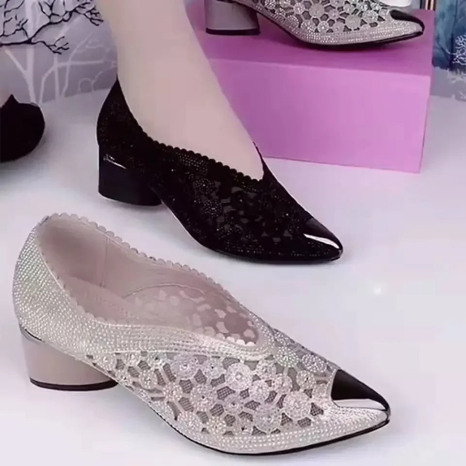 Black Bow Mesh Diamond Heels