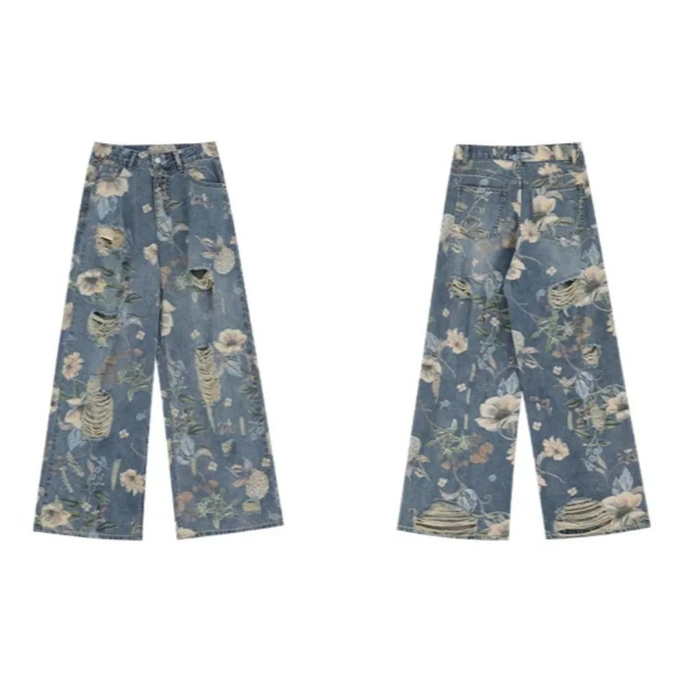 Vintage Floral Ripped Wide Leg Jeans