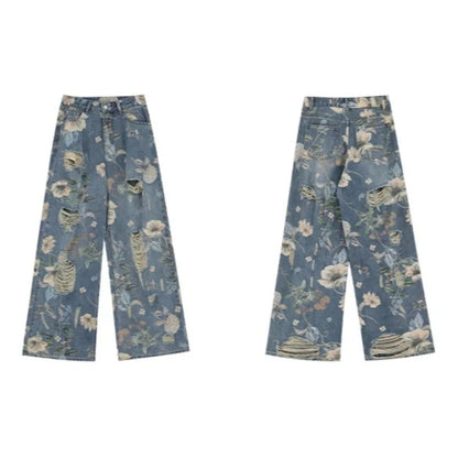 Vintage Floral Ripped Wide Leg Jeans