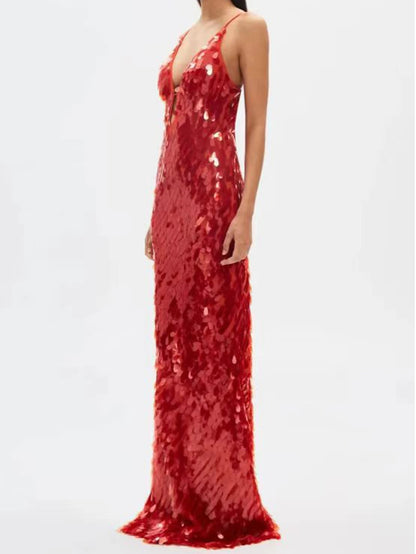 Red Sequin Backless Maxi Dress