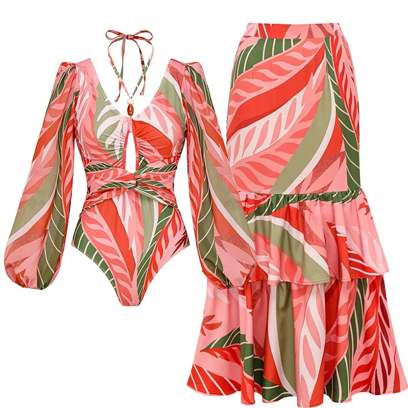 Golden Starfish Ruched Swimsuit &amp; Skirt Set