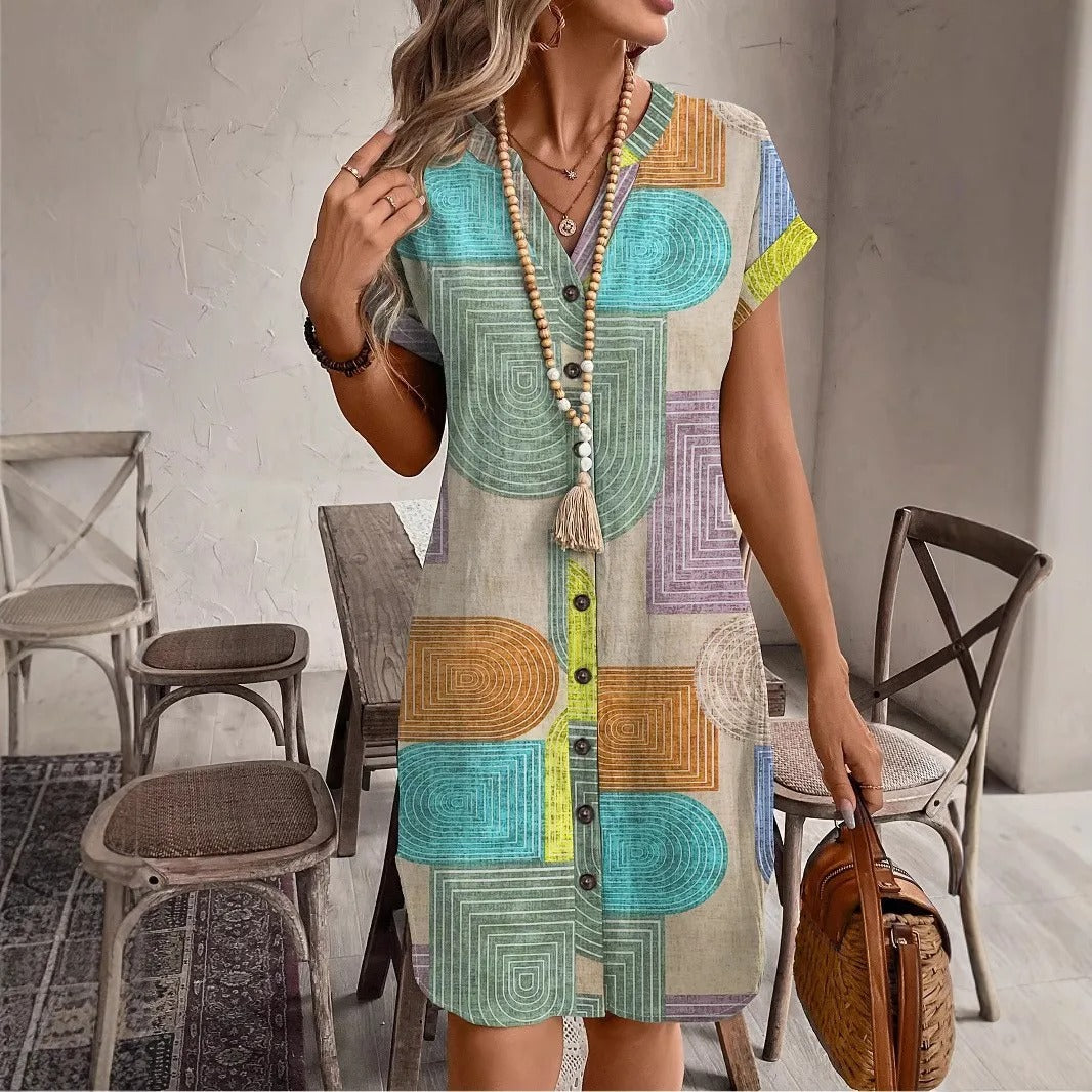 Chic Geo Print V Neck Button Dress