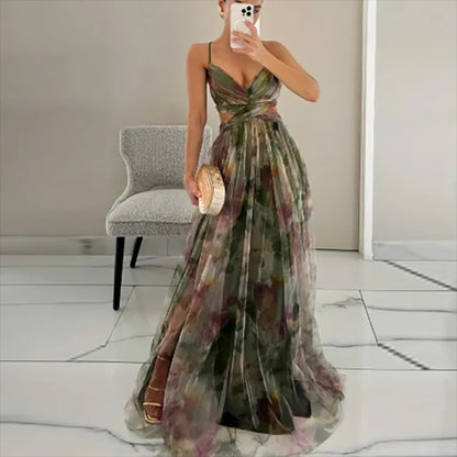 Elegant Print Pleated Mesh Evening Dress