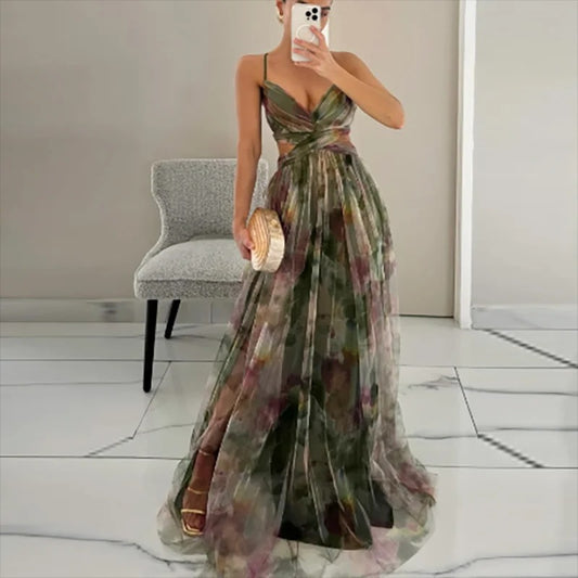 Elegant Print Pleated Mesh Evening Dress