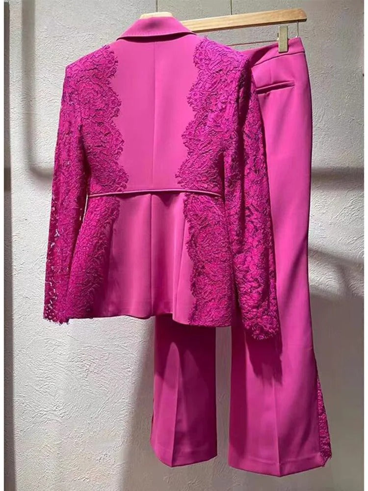 High Street Designer Lace Blazer & Flare Pants Set