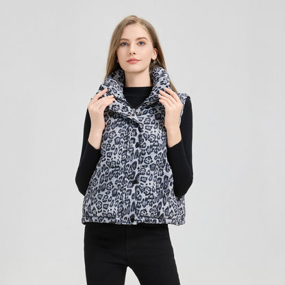 Leopard Print Stand Collar Cotton Vest
