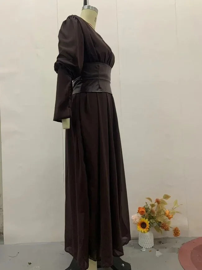 Elegant Waist-Cinch V-Neck Maxi Dress