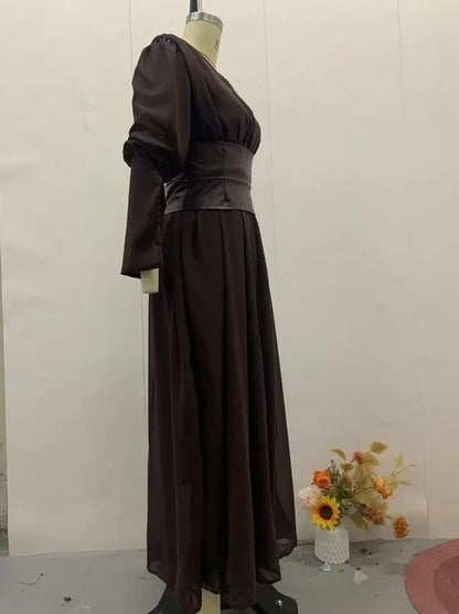 Elegant Waist-Cinch V-Neck Maxi Dress