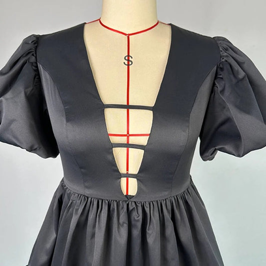 Black V-Neck Puff Sleeve Dress