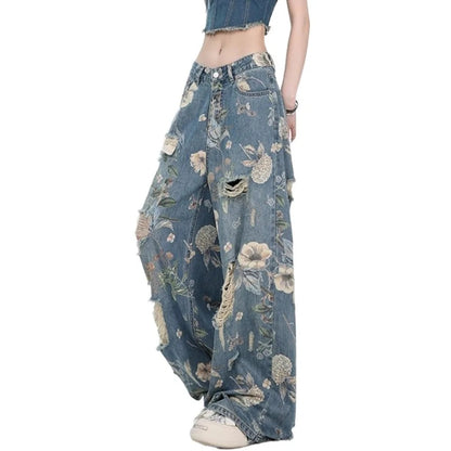 Vintage Floral Ripped Wide Leg Jeans