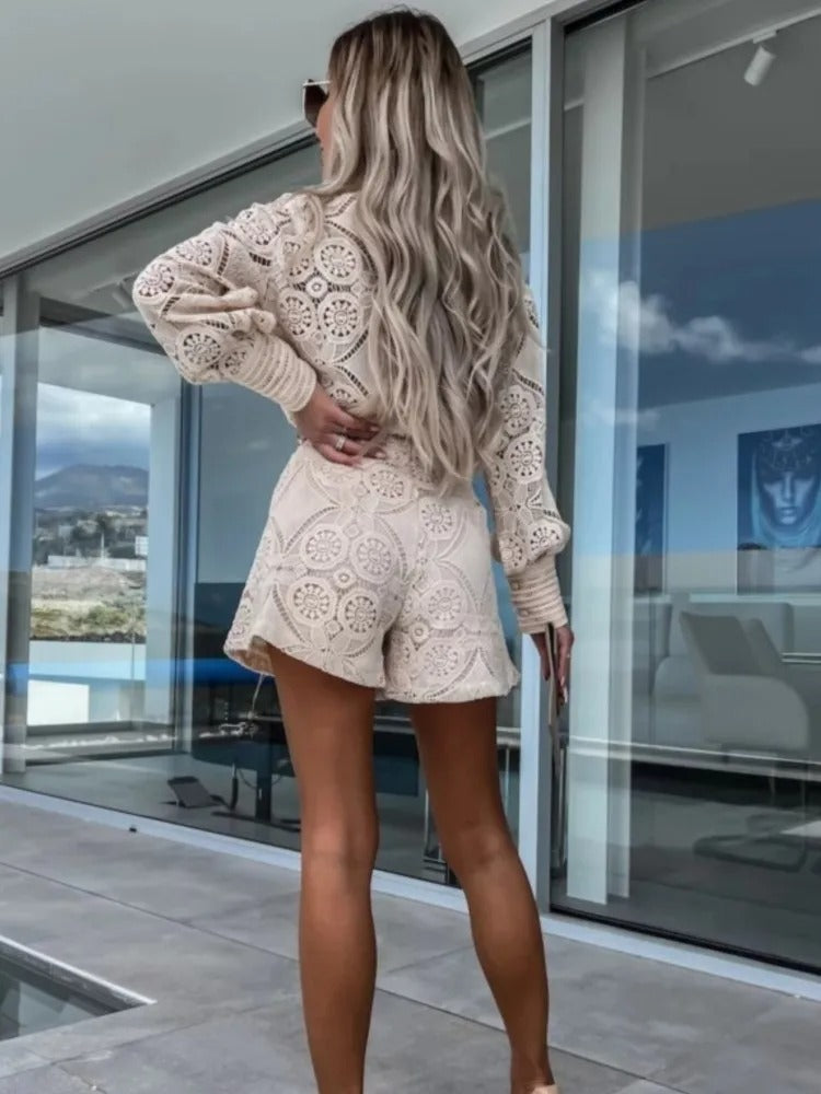 Elegant Lace Button Shorts Set
