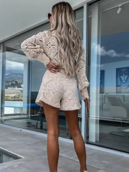 Elegant Lace Button Shorts Set