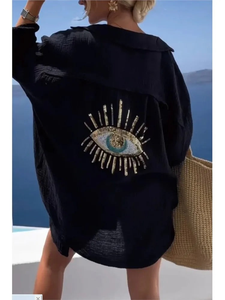 Sequin Eye Lapel Beach Shirt