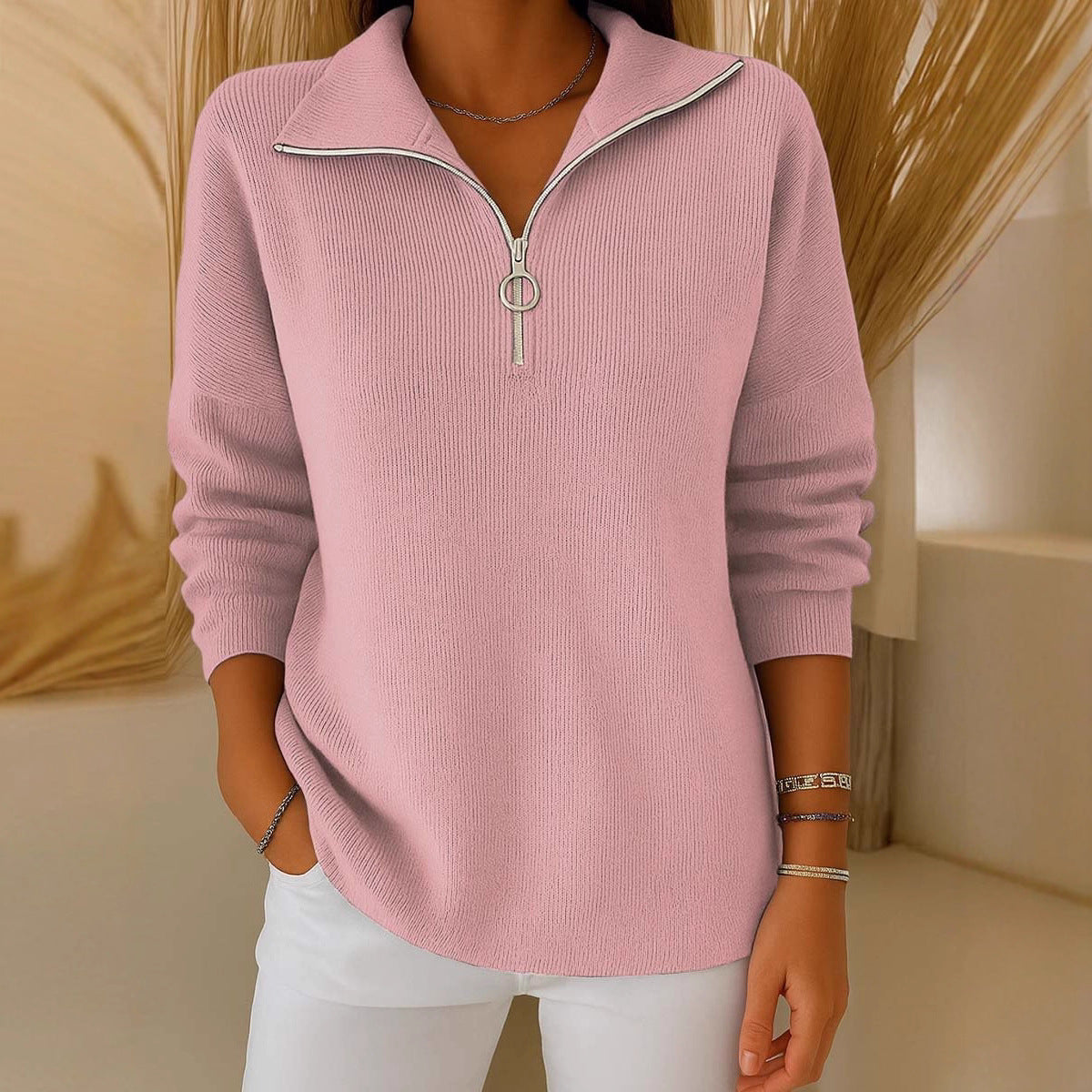 Women's Casual Loose Half-open Collar Zipper Sweater
