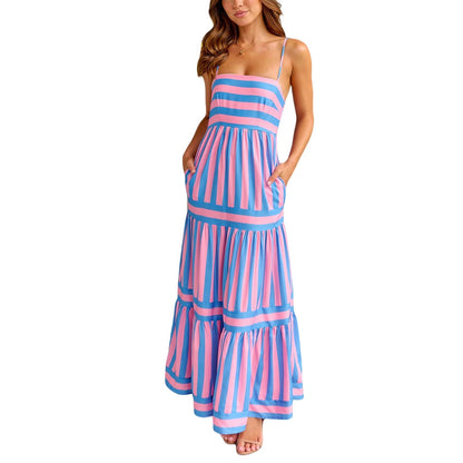 Chic Striped Tiered Midi Slip Dress