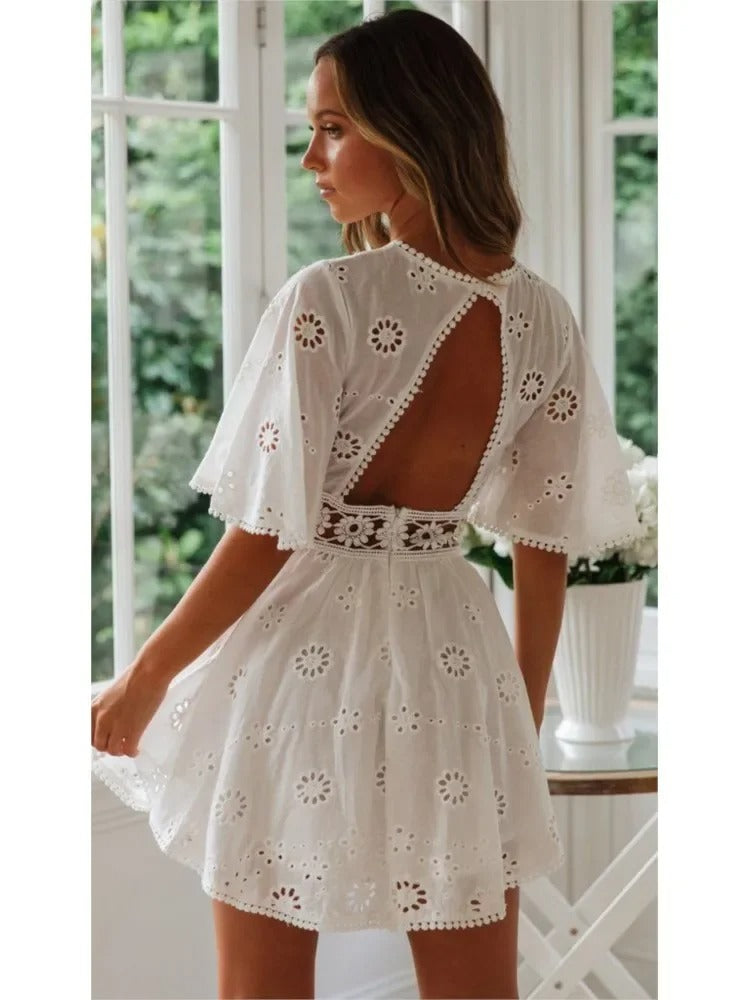 Embroidered Bloom Backless Cotton Dress