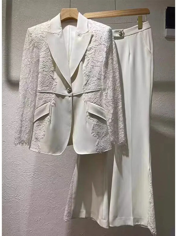 High Street Designer Lace Blazer & Flare Pants Set