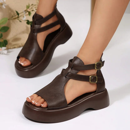 Retro Leather Wedge Sandals