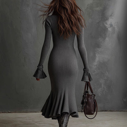 Elegant Graceful Zipper & Lapel Bell-Sleeve Knitted