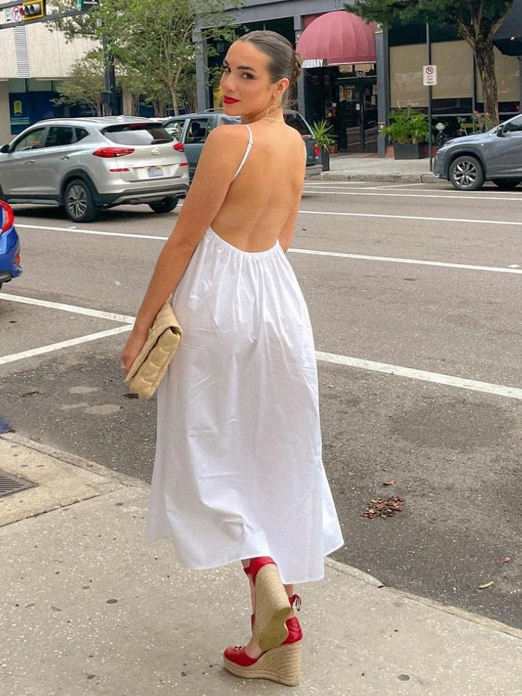 ZBZA Backless V-Neck Midi Dress
