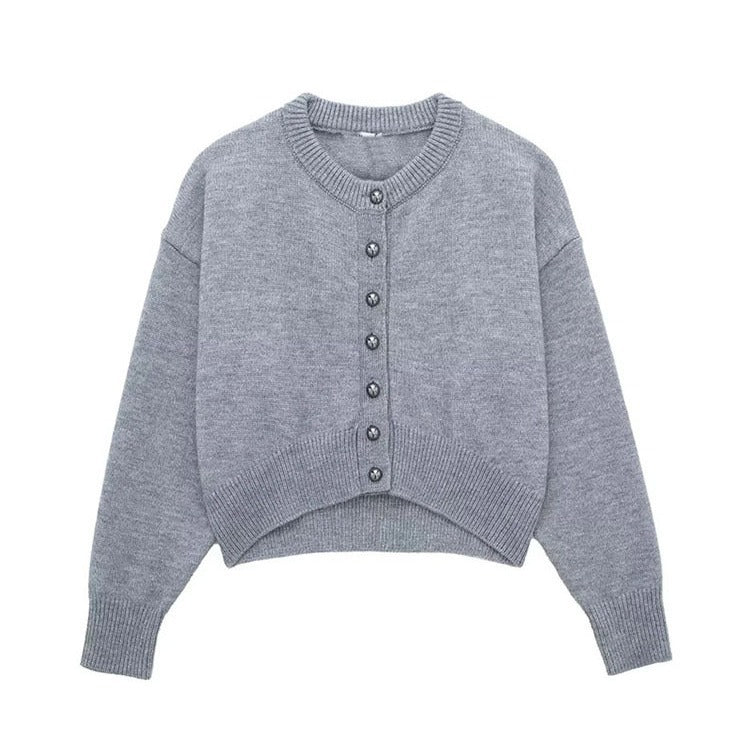 Women’s Gray High-Waist Button-Detail Knitted Coat