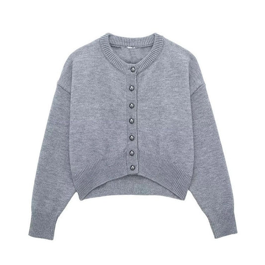 Women’s Gray High-Waist Button-Detail Knitted Coat