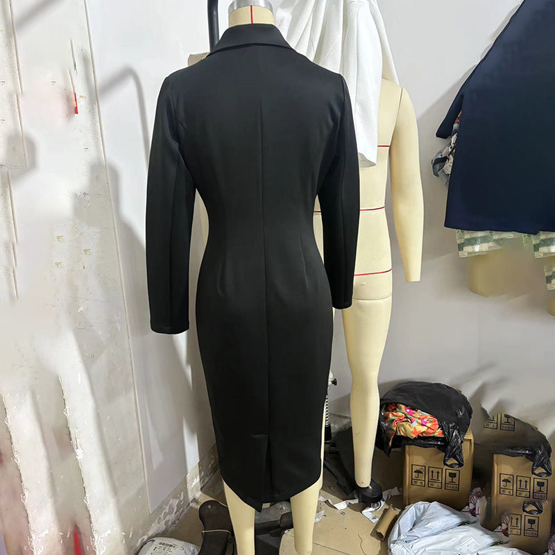 Women’s Solid Color V-Neck Blazer Midi Dress