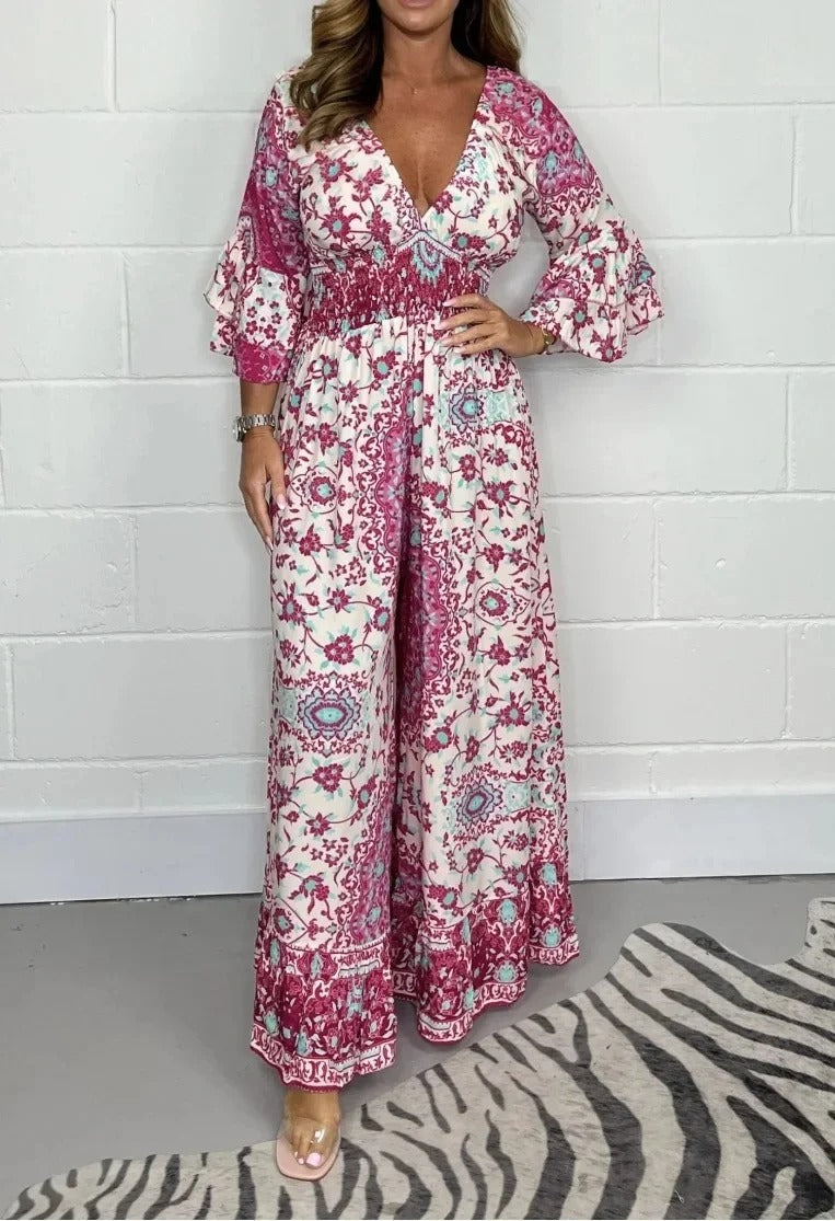 V-Neck Printed Short Jumpsuit