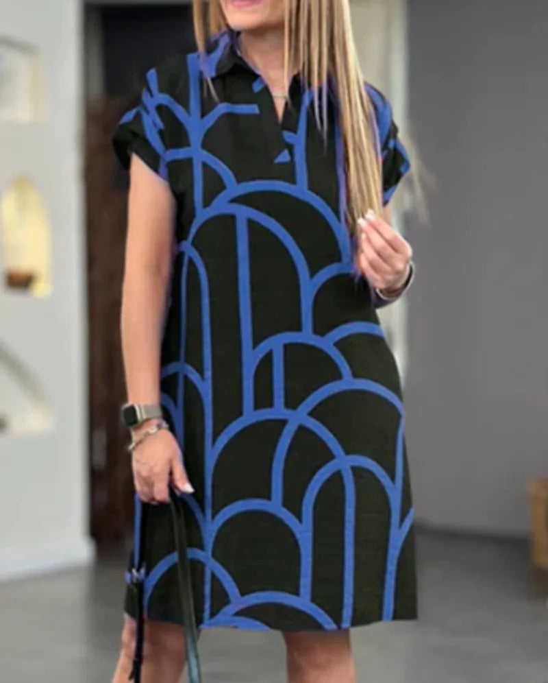 Elegant Summer V-Neck Printed Dress with Pockets