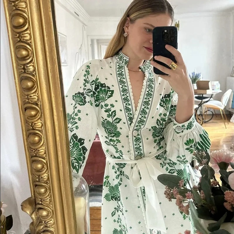 Emerald Glow Women's V-Neck Boho Maxi Dress