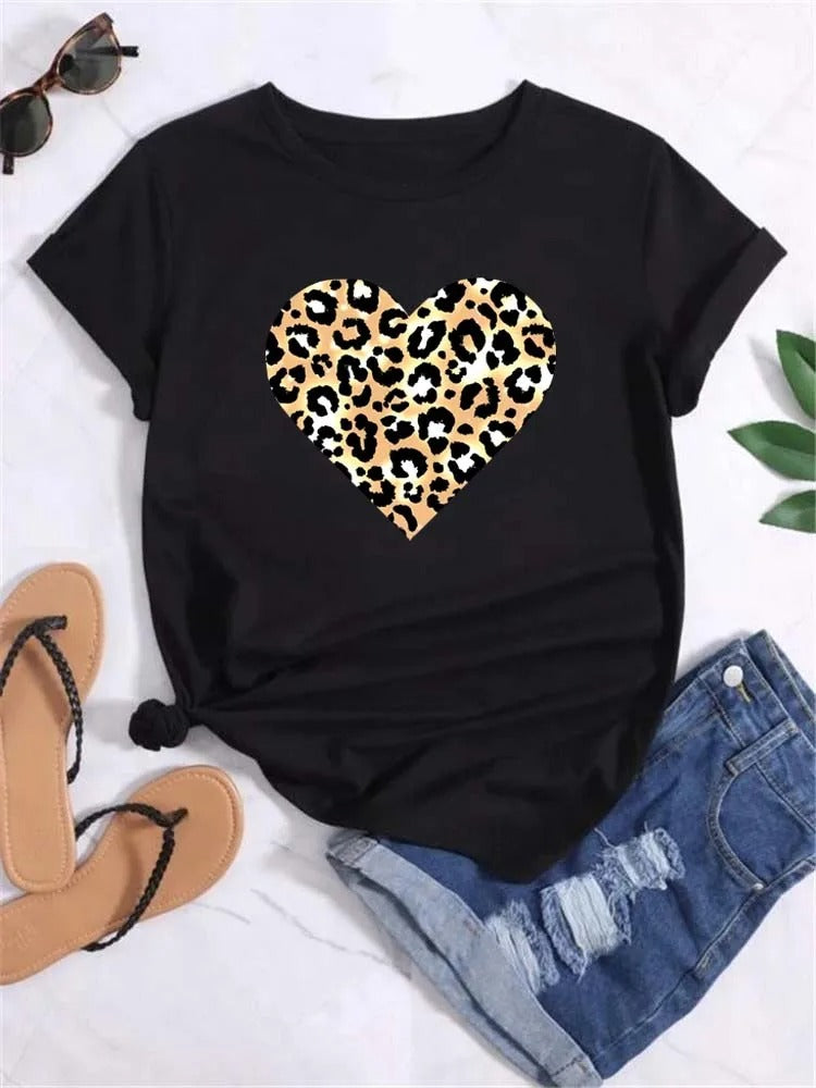 Funny Leopard Heart Print T-Shirt