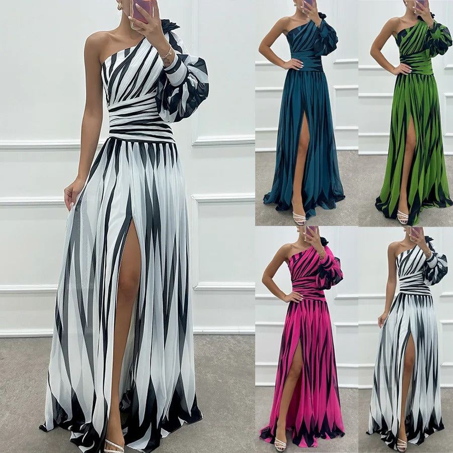 Striped Allure One-Shoulder Dress