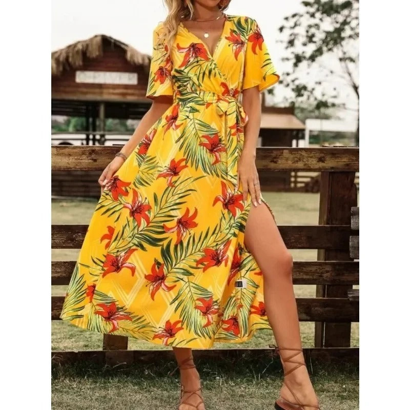 Elegant Curve V-Neck Belted Dress