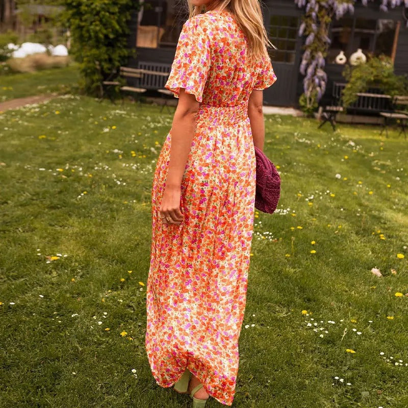 Elegant Floral V-neck Beach Dress