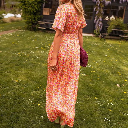 Elegant Floral V-neck Beach Dress