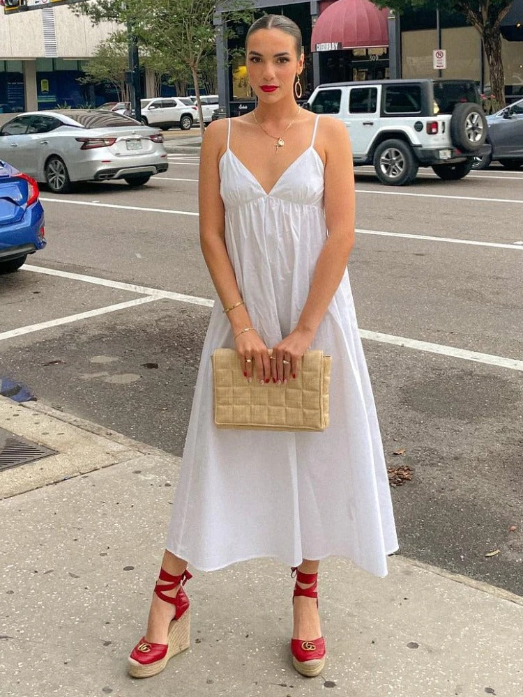 ZBZA Backless V-Neck Midi Dress