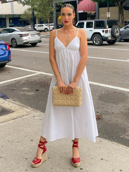 ZBZA Backless V-Neck Midi Dress