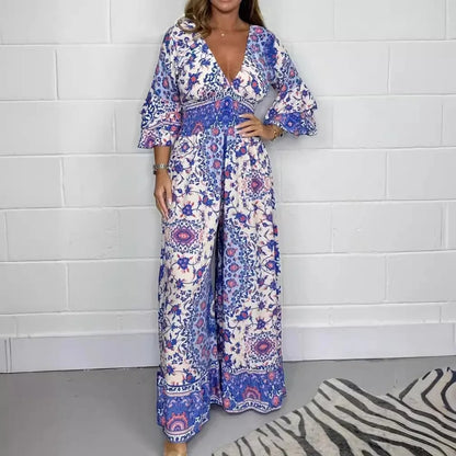 V-Neck Printed Short Jumpsuit