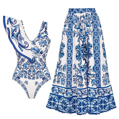 Flaxmaker Vintage Printed Swimsuit and Sarong