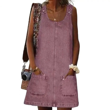 Solid Color Faux Denim Mini Dress