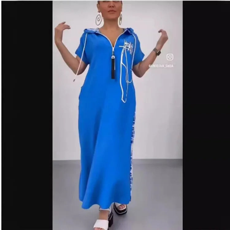 Hooded Maxi Dress with Spliced Print