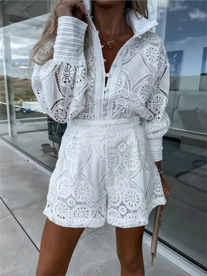 Elegant Lace Button Shorts Set
