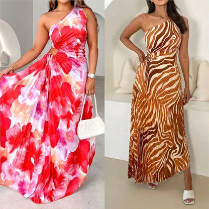 Boho One-Shoulder Lace-Up Maxi Dress