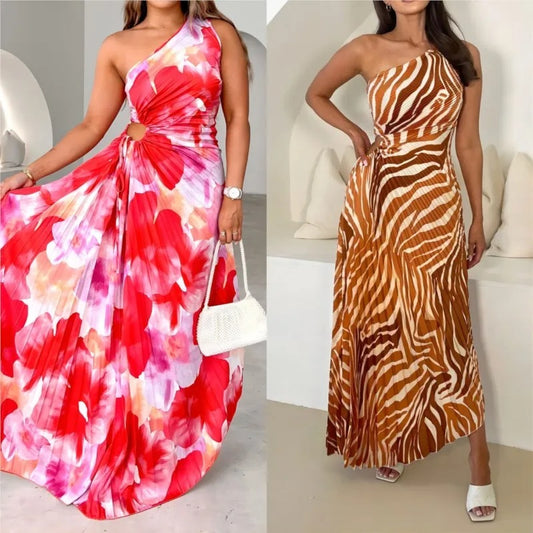 Boho One-Shoulder Lace-Up Maxi Dress
